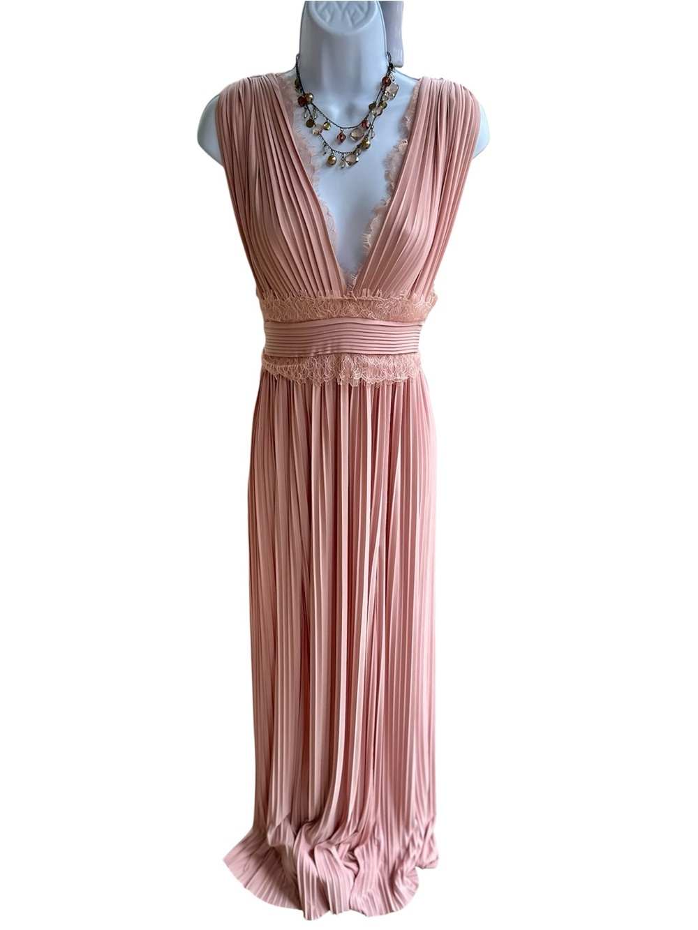 ASOS Blush Pink Pleated Maxi Dress with Lace Waist